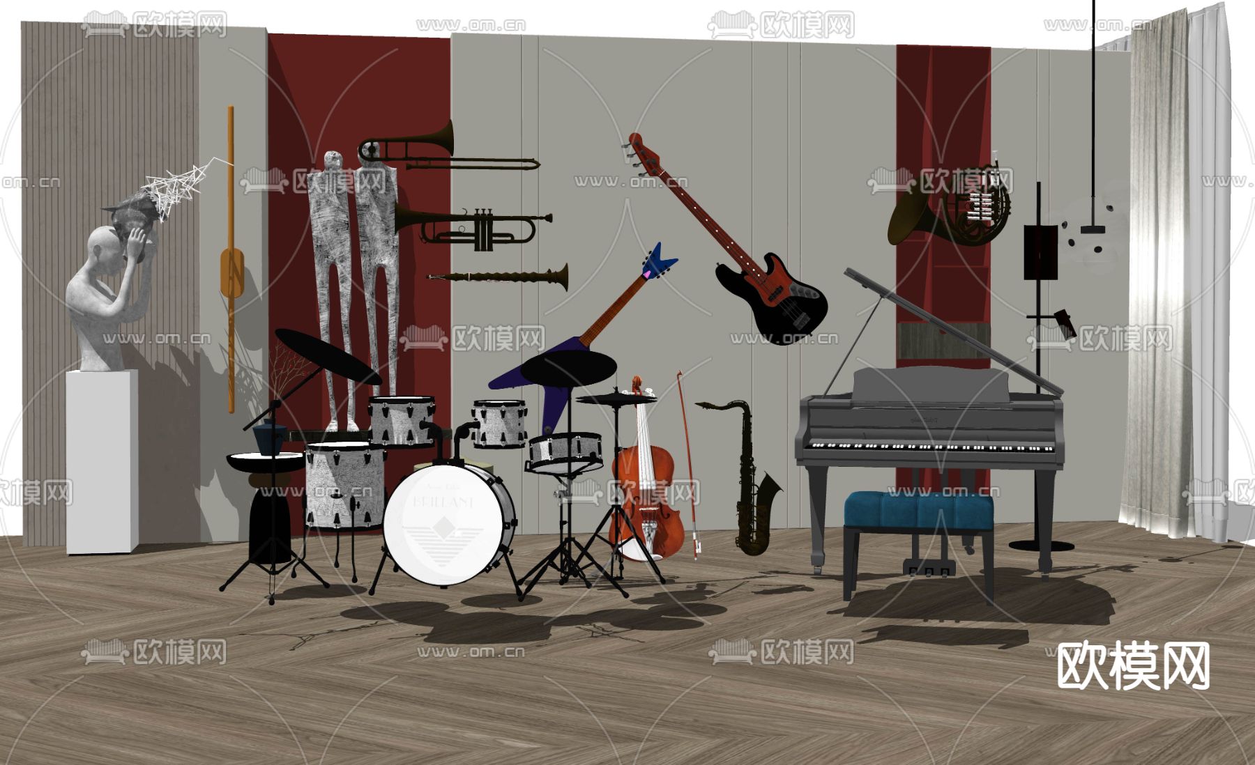 现代钢琴萨克斯su模型下载