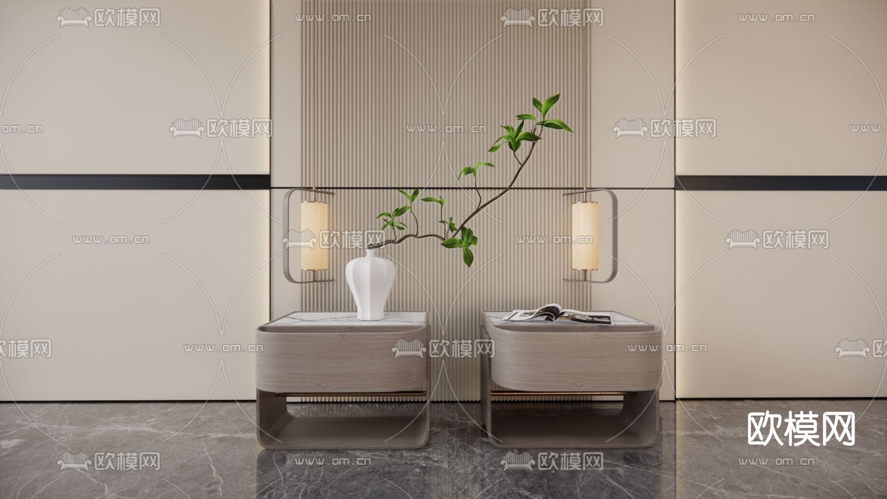 新中式床头柜su模型下载（渲染图1）