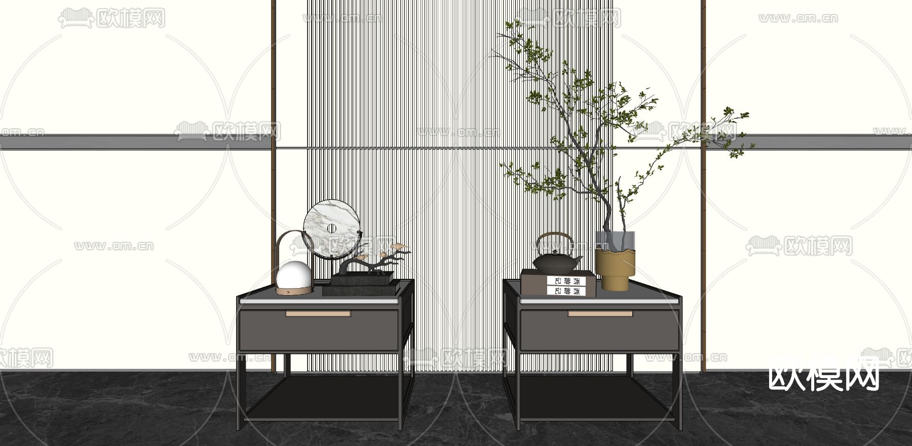 新中式床头柜su模型下载（渲染图2）