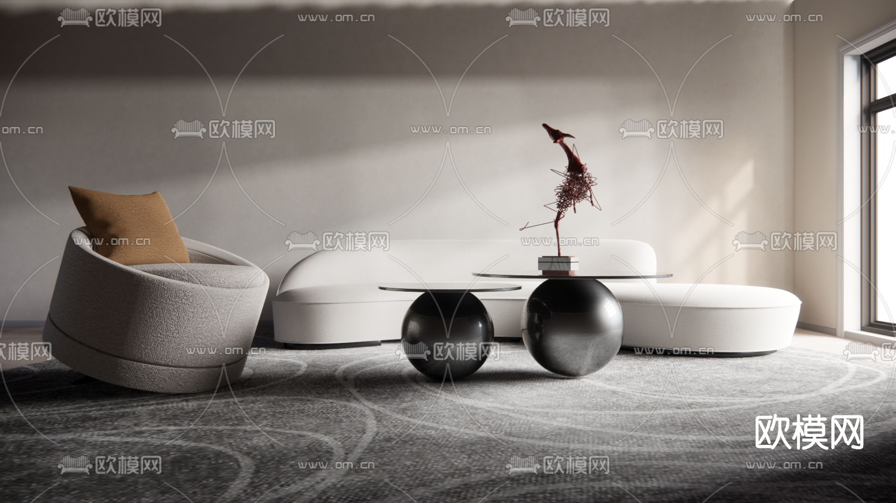 现代布艺沙发组合su模型下载（渲染图1）