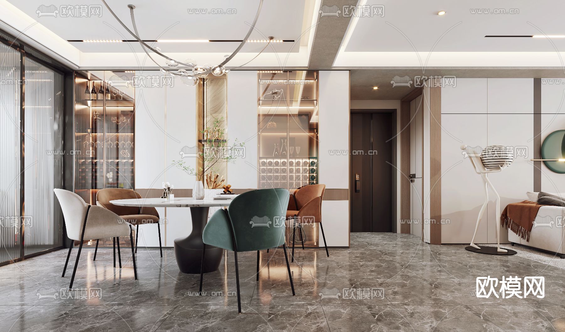 现代轻奢客厅餐厅3d模型下载（渲染图2）