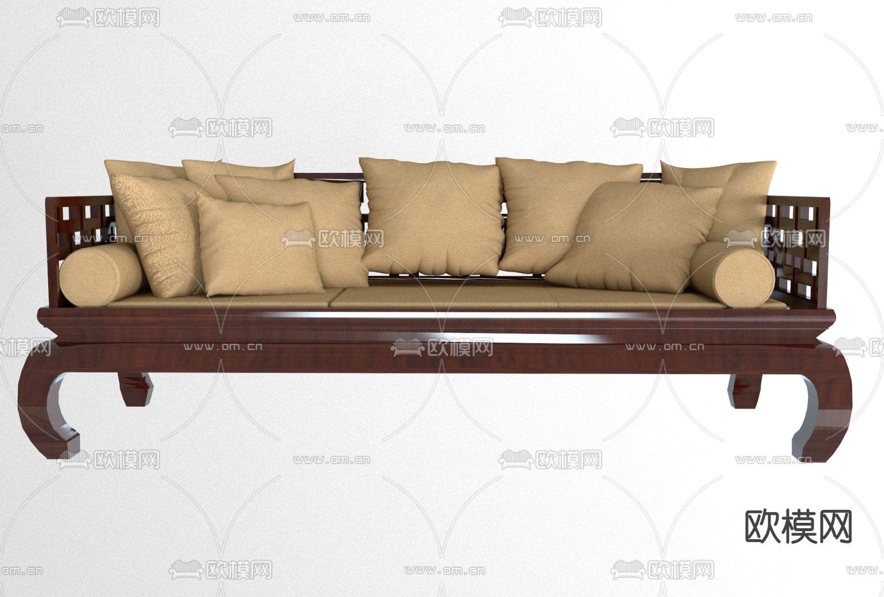 新中式实木多人沙发免费3d模型下载