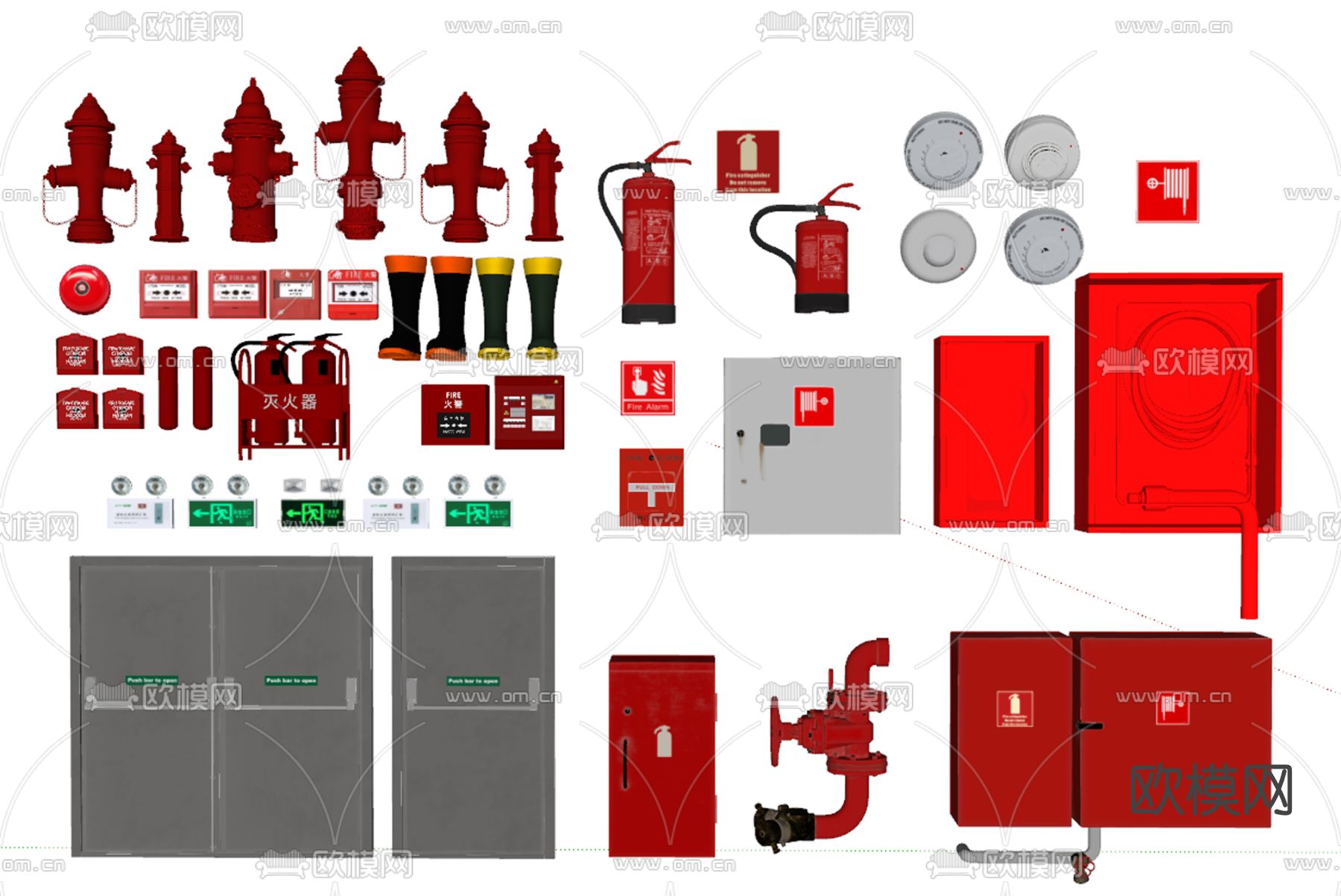 现代消防栓防火门消防设备su模型下载（渲染图2）
