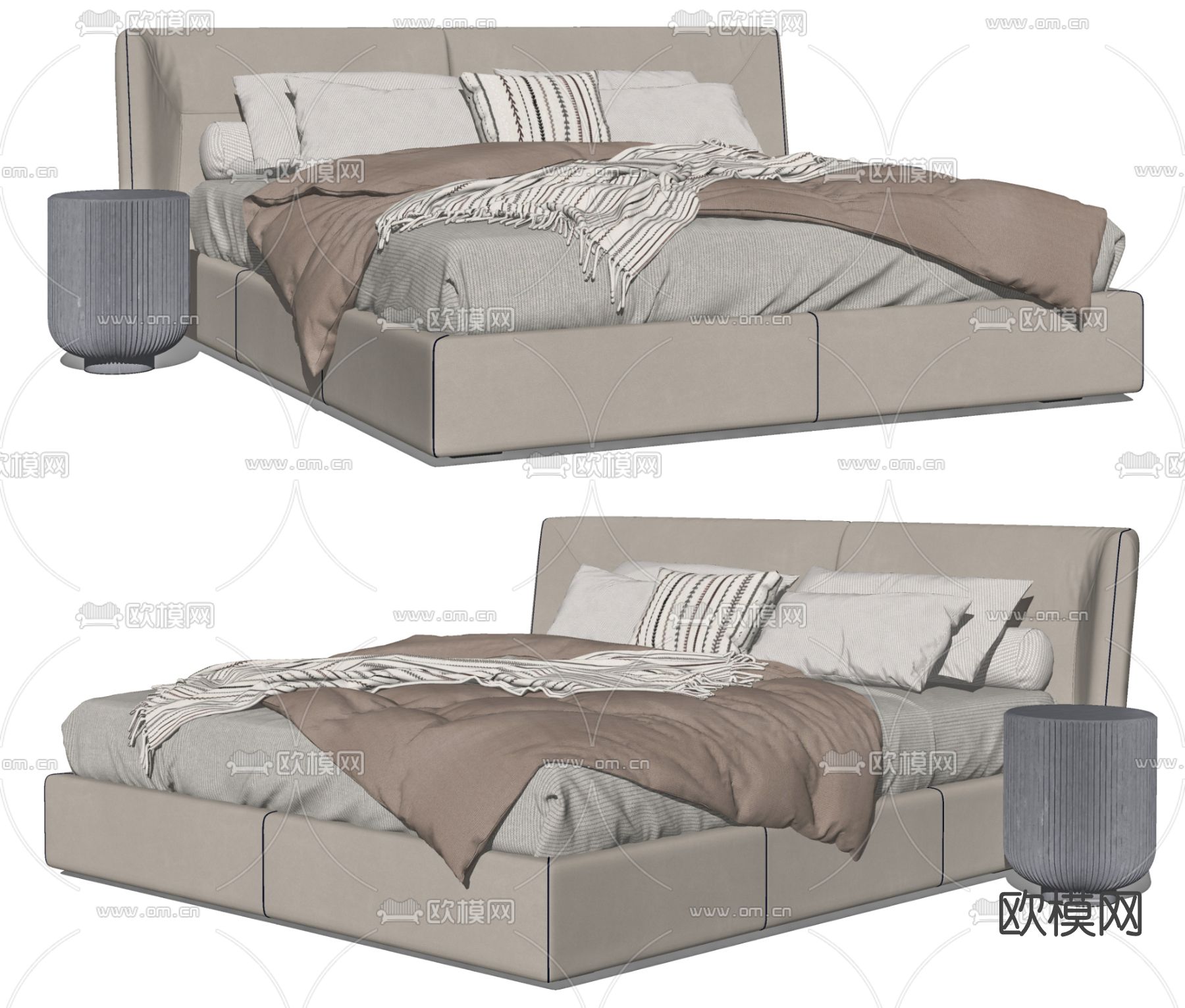 现代布艺双人床su模型下载（渲染图2）