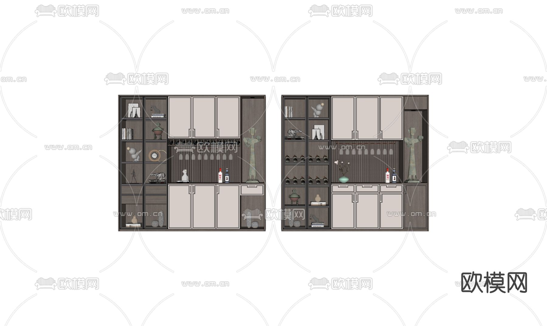 新中式酒柜su模型下载（渲染图2）