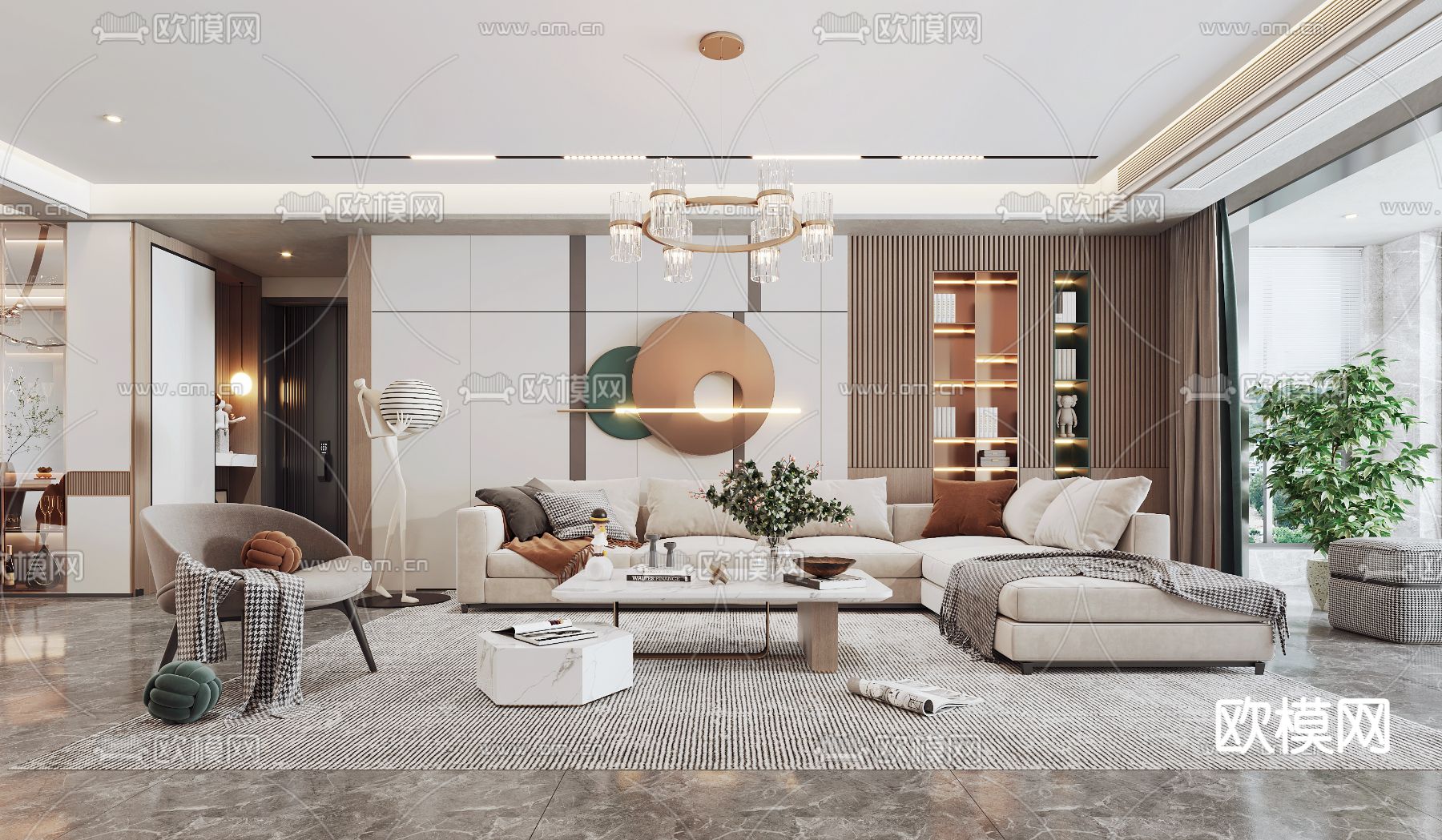 现代轻奢客厅餐厅3d模型下载（渲染图1）