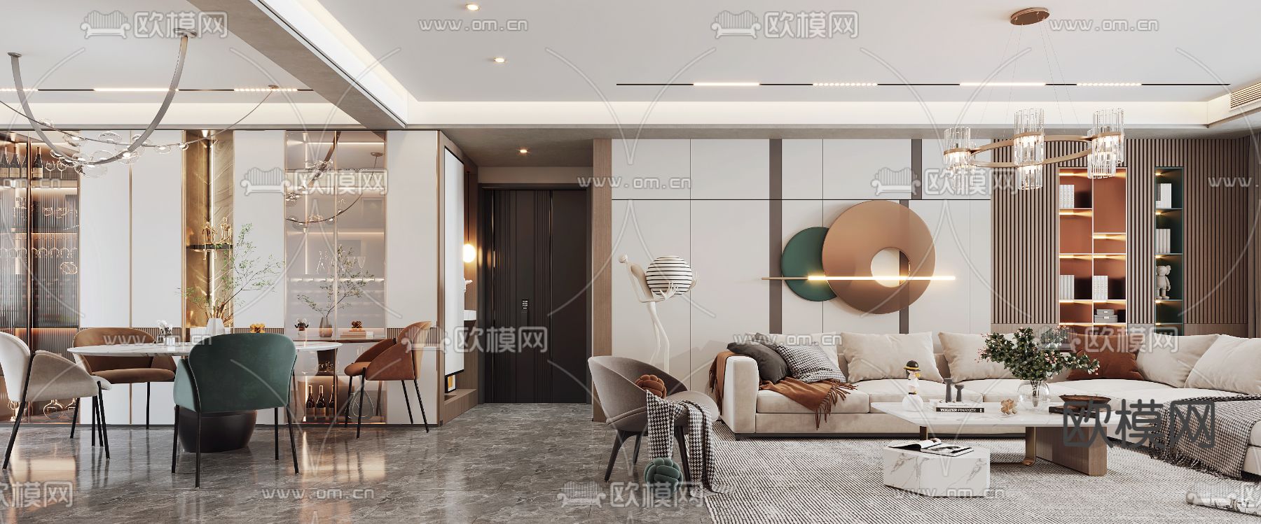 现代轻奢客厅餐厅3d模型下载（渲染图4）