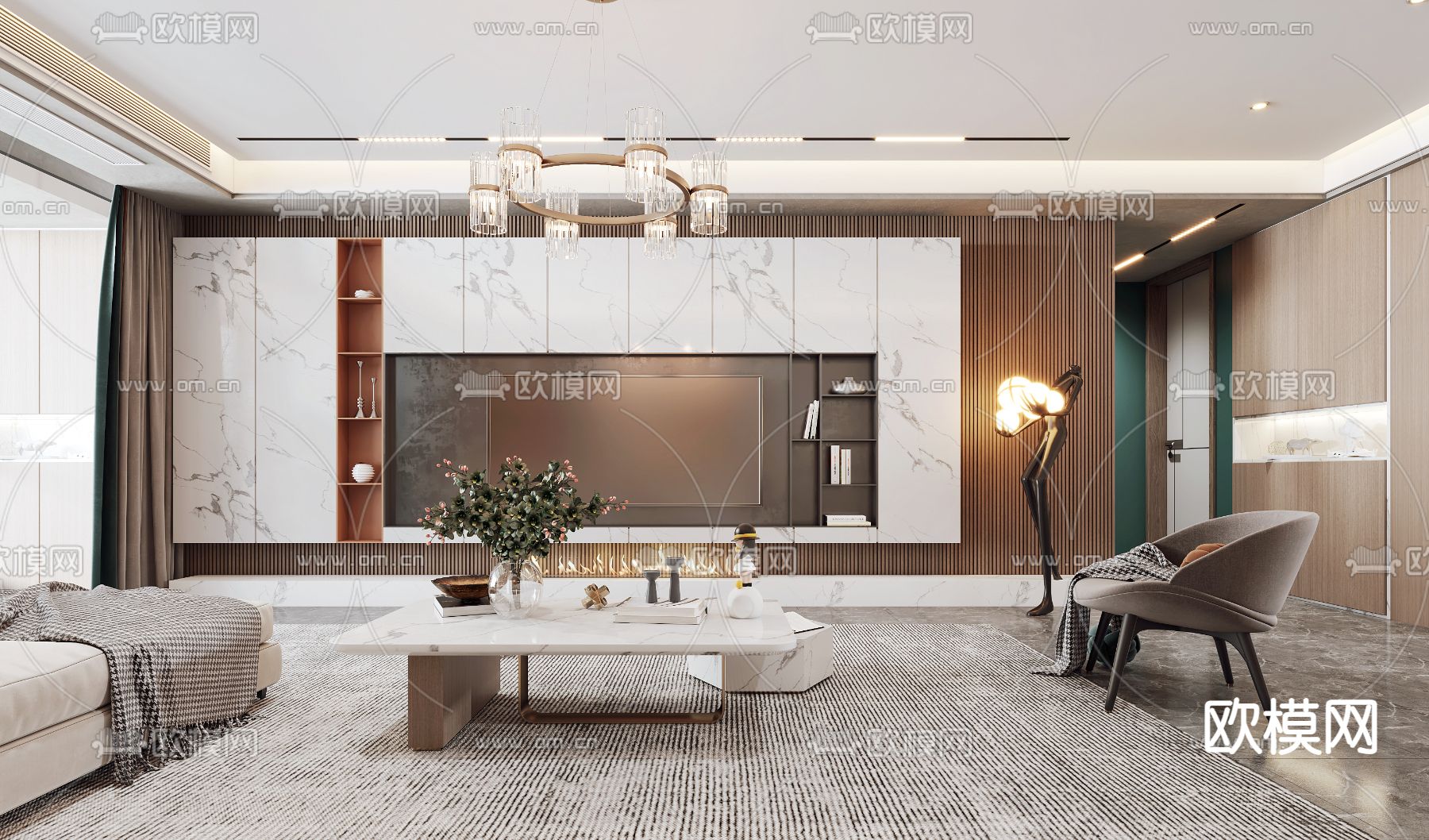 现代轻奢客厅餐厅3d模型下载（渲染图3）