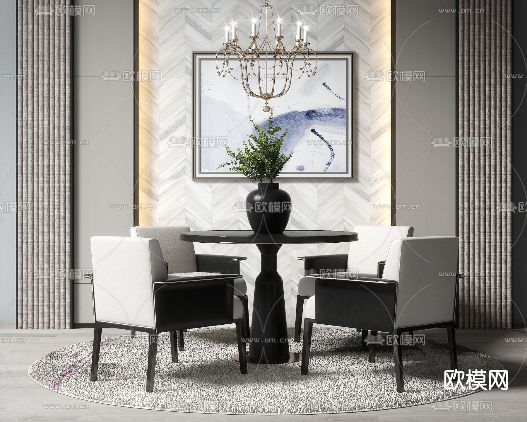 现代轻奢餐桌椅su模型下载（渲染图1）