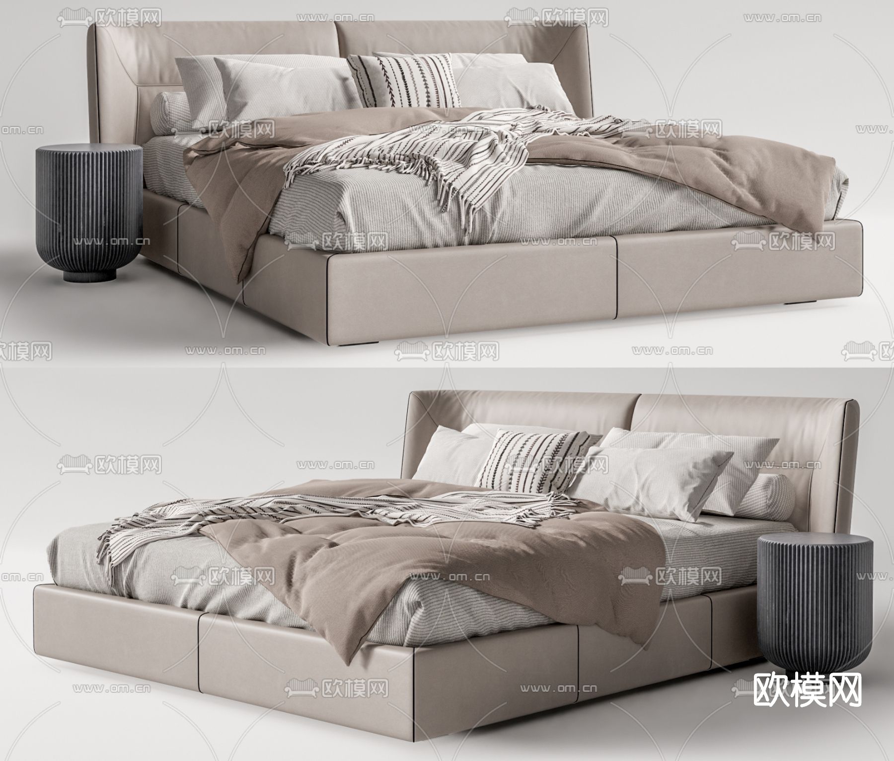 现代布艺双人床su模型下载（渲染图1）