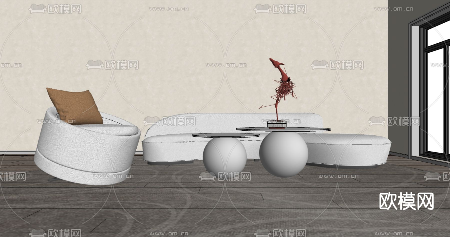 现代布艺沙发组合su模型下载（渲染图2）