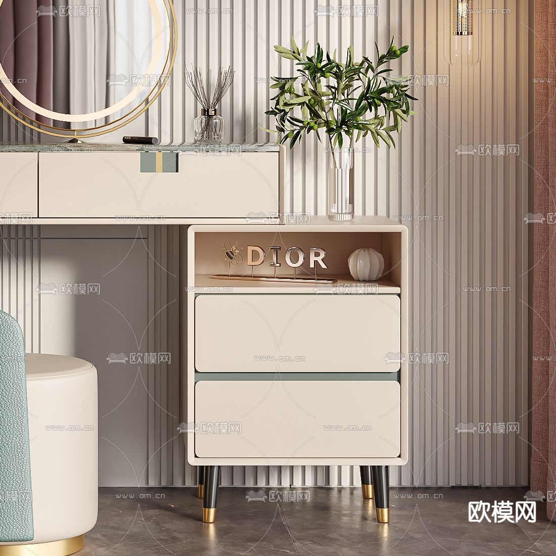 现代轻奢梳妆台3d模型下载（渲染图2）