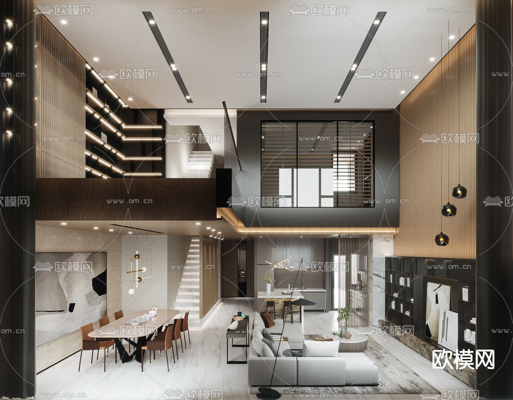 现代别墅大堂餐厅3d模型下载（渲染图2）