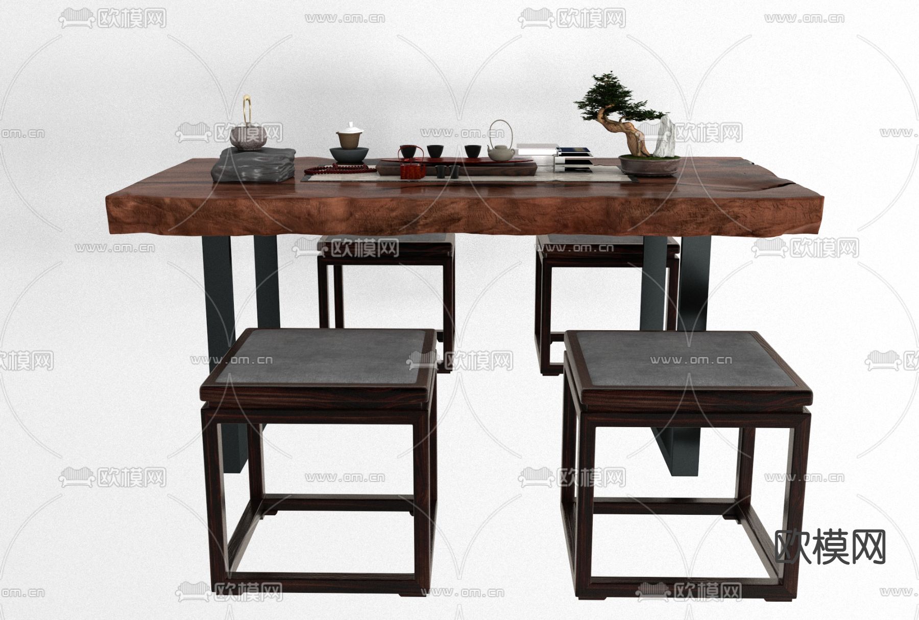 新中式实木茶桌椅免费3d模型下载