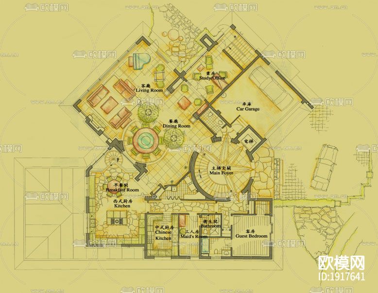 北京某墅别墅全套图带效果图下载（渲染图6）