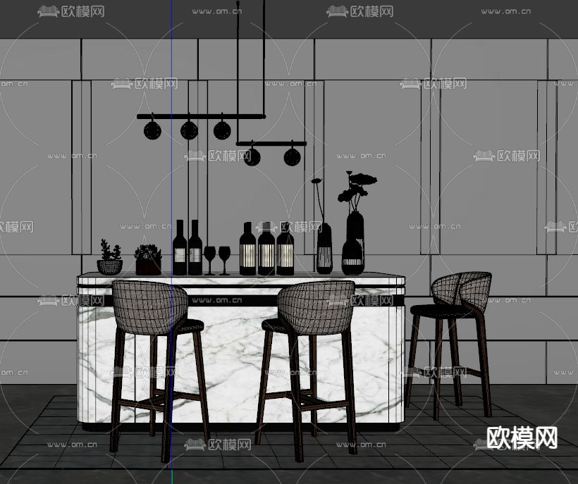 现代轻奢吧台su模型下载（渲染图2）