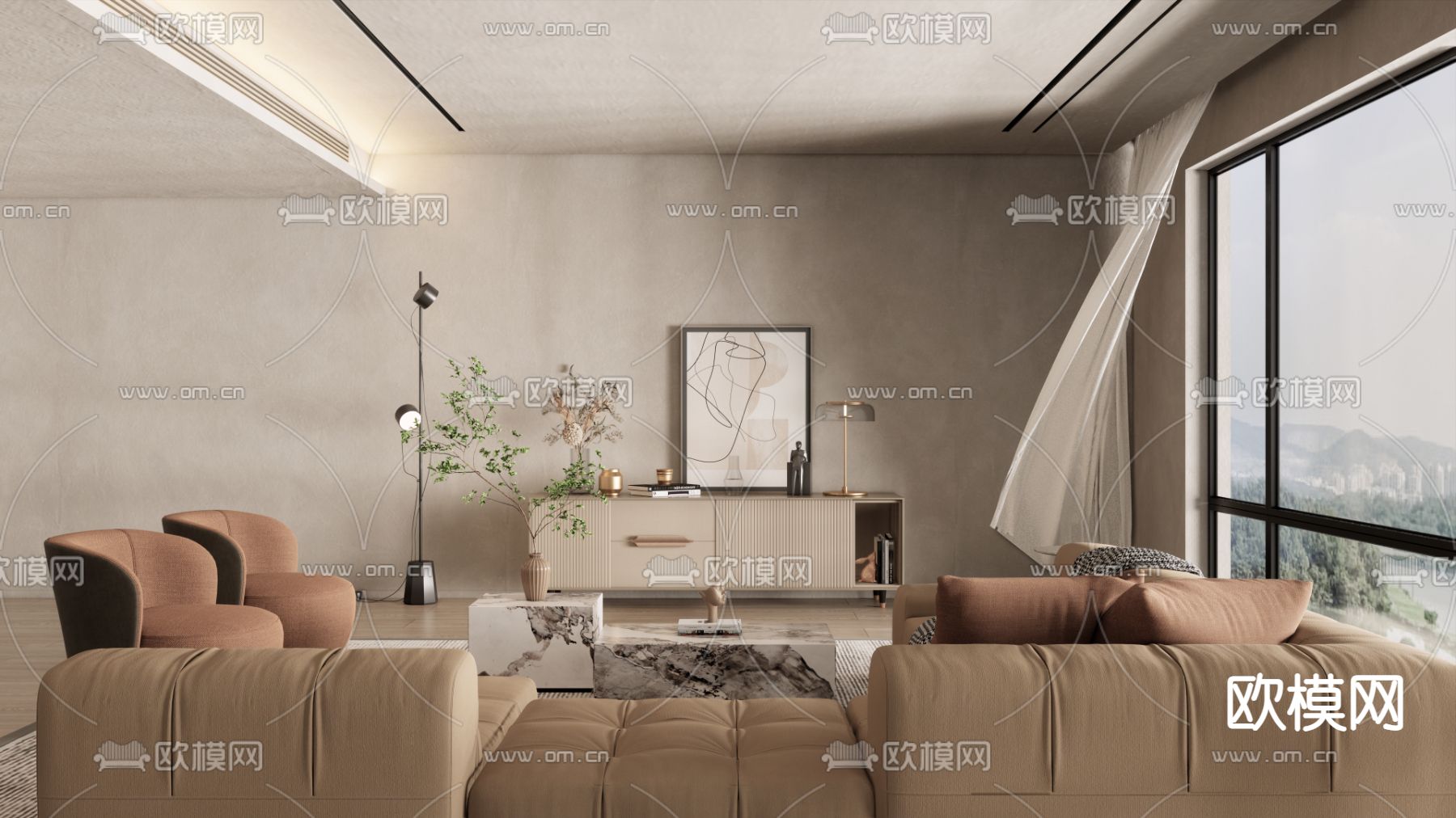 现代布艺沙发组合su模型下载（渲染图1）