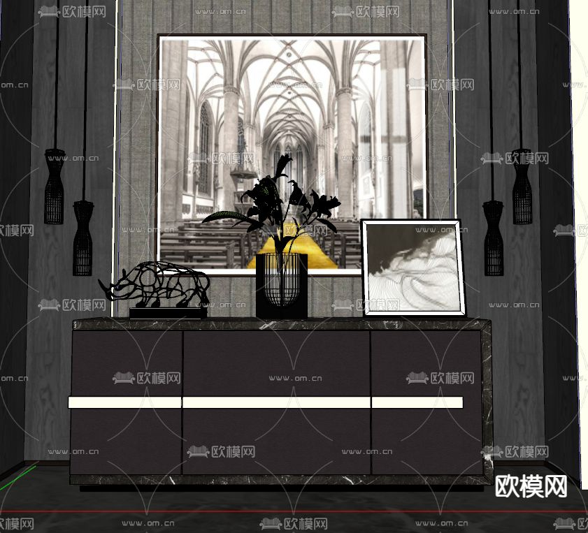 现代轻奢端景柜su模型下载（渲染图2）