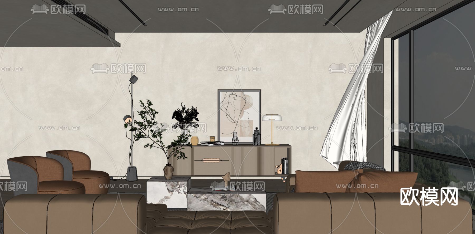 现代布艺沙发组合su模型下载（渲染图2）