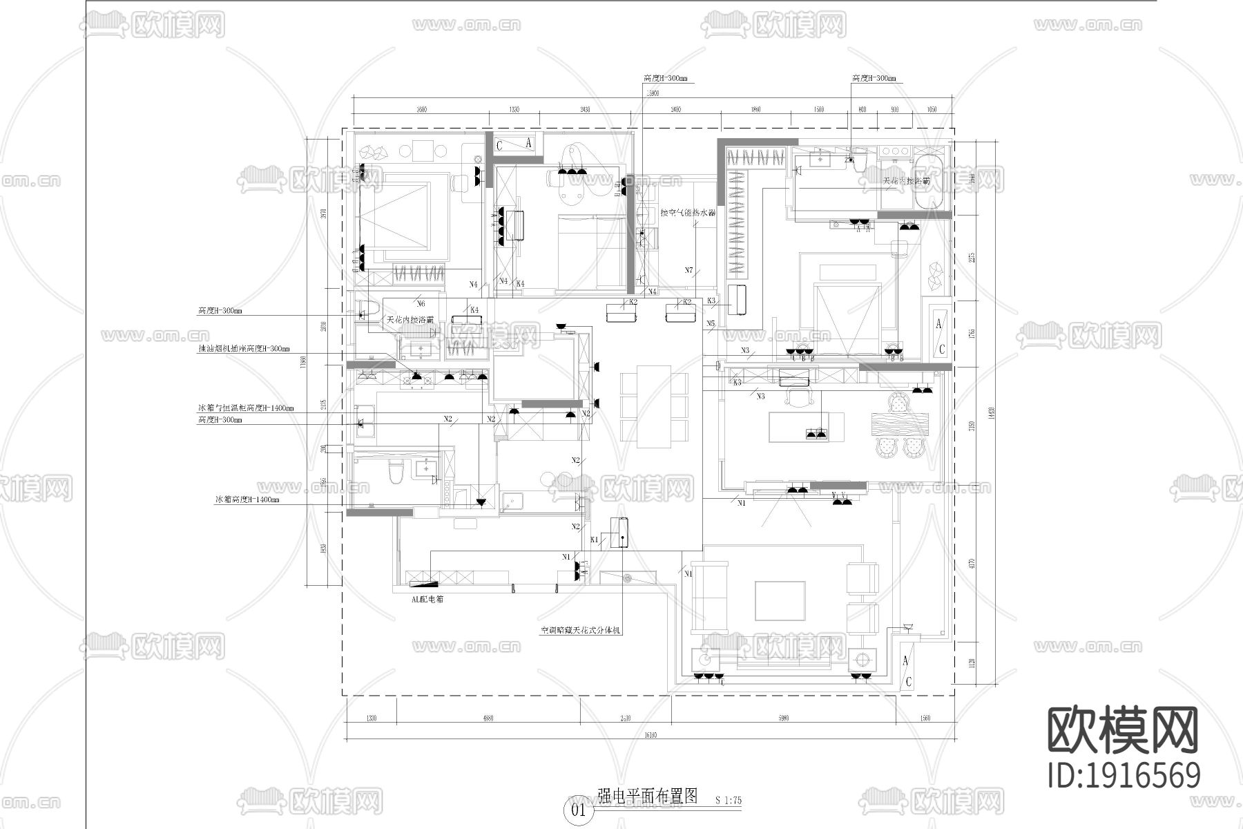 现代家居电气施工图下载（渲染图2）
