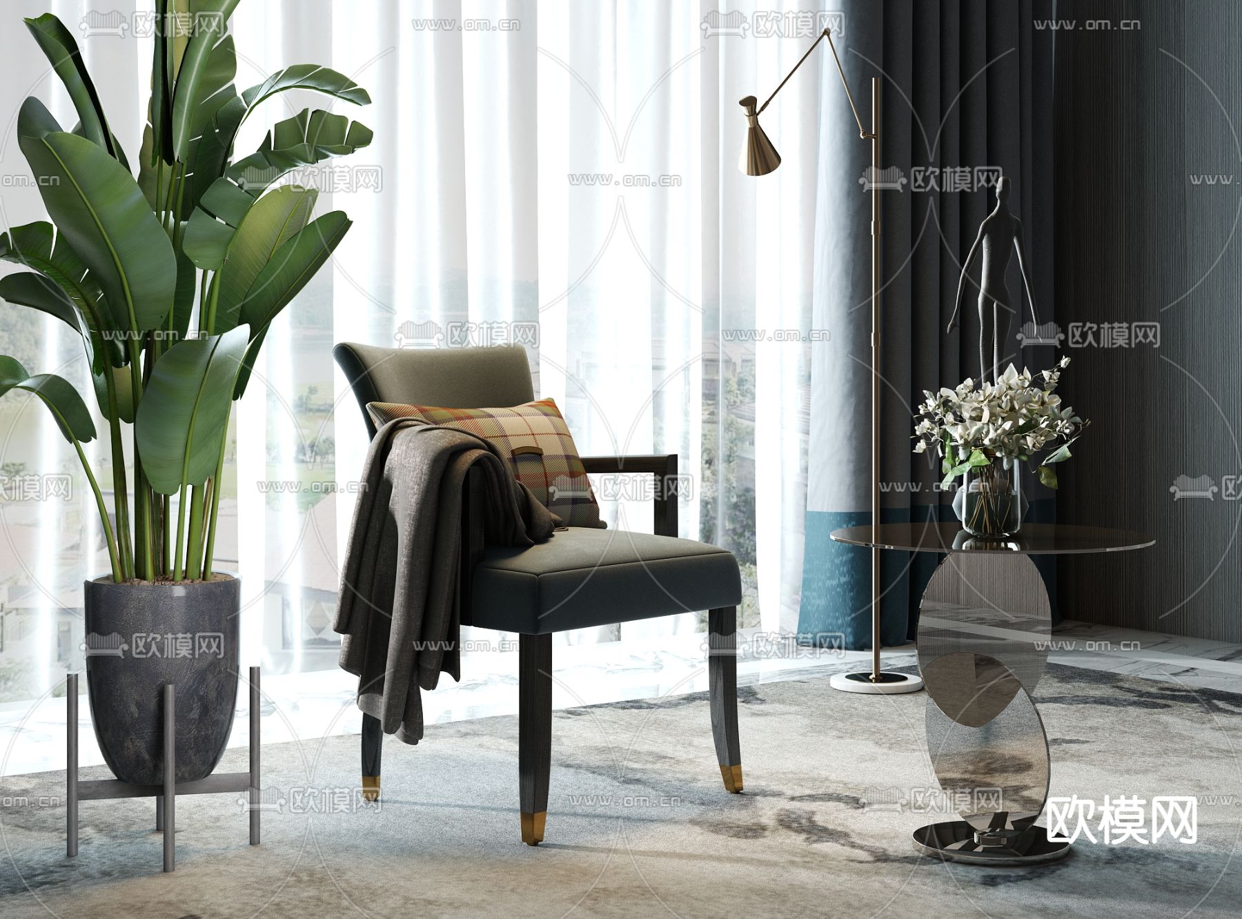 北欧轻奢单椅su模型下载（渲染图1）