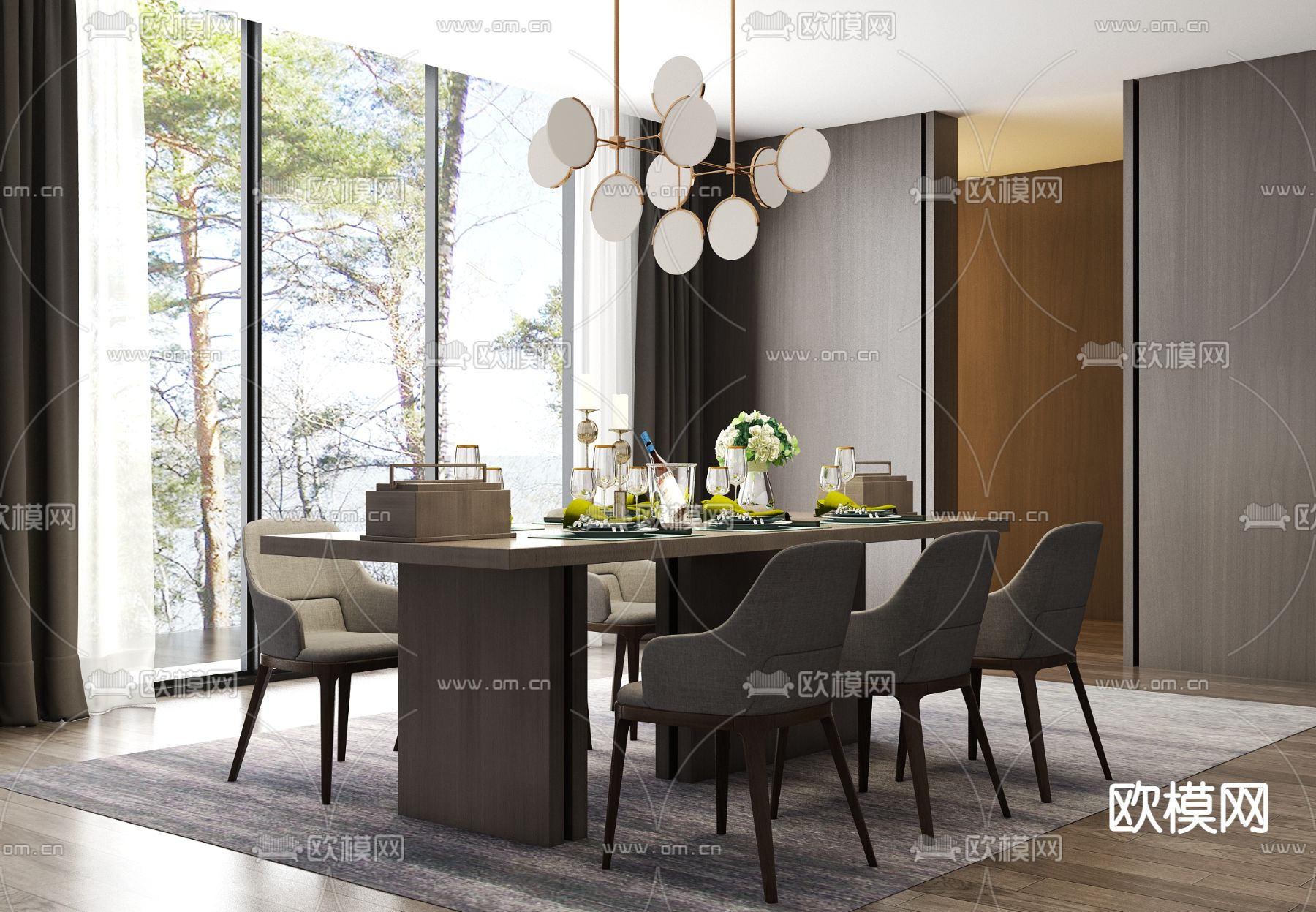 现代轻奢餐厅su模型下载（渲染图1）