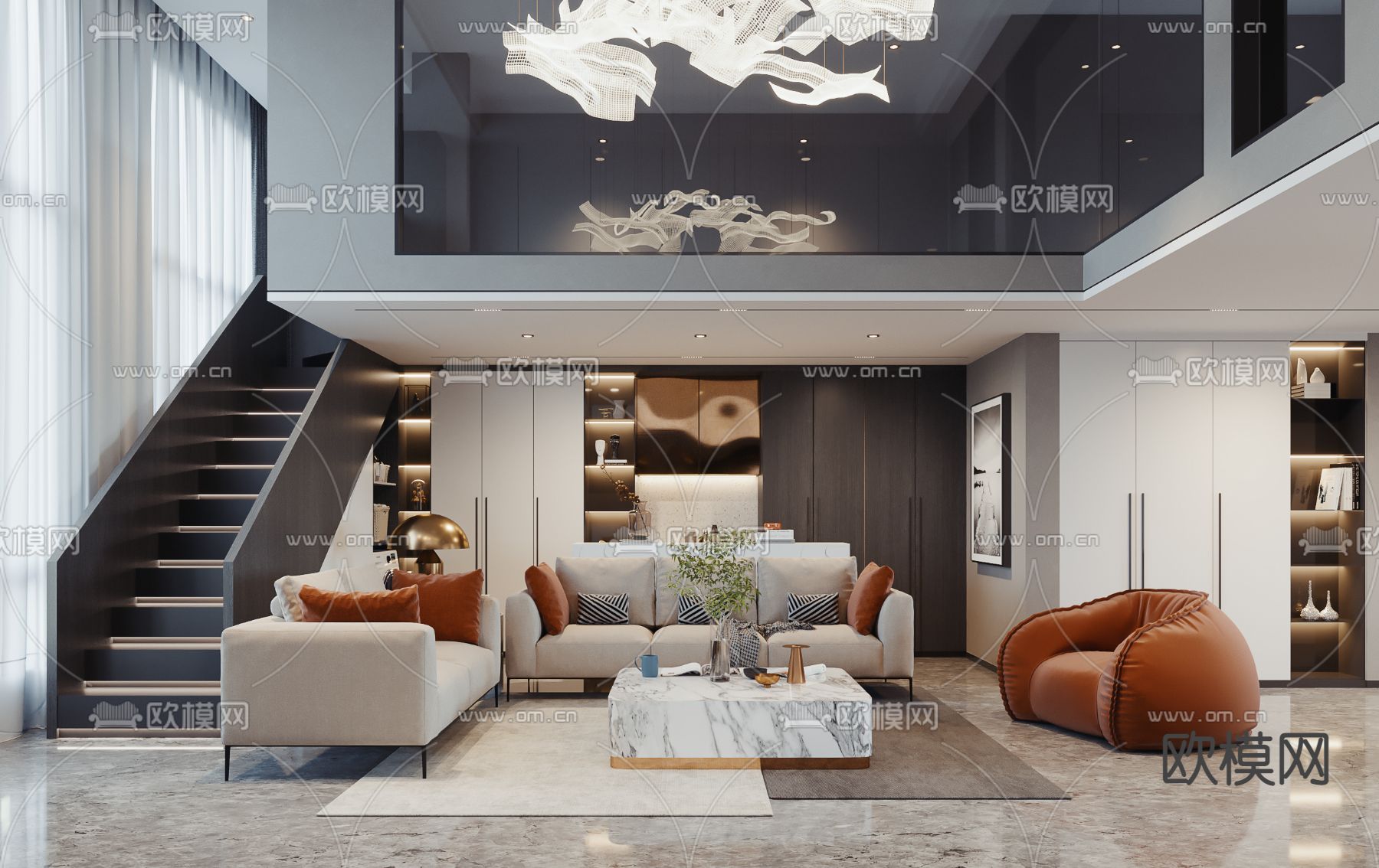 现代别墅大堂3d模型下载（渲染图1）