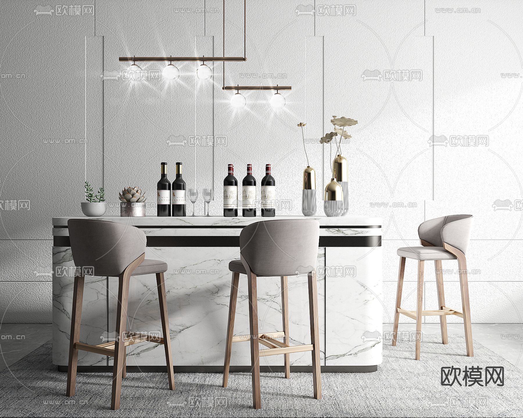 现代轻奢吧台su模型下载（渲染图1）