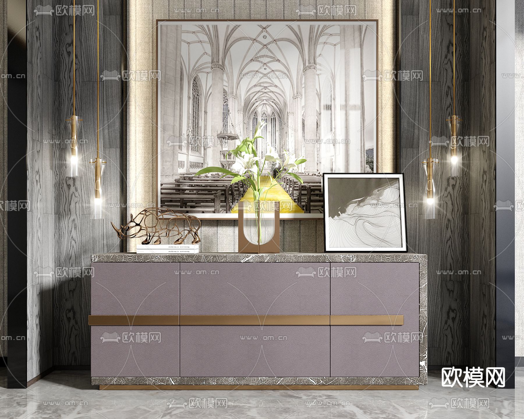 现代轻奢端景柜su模型下载（渲染图1）