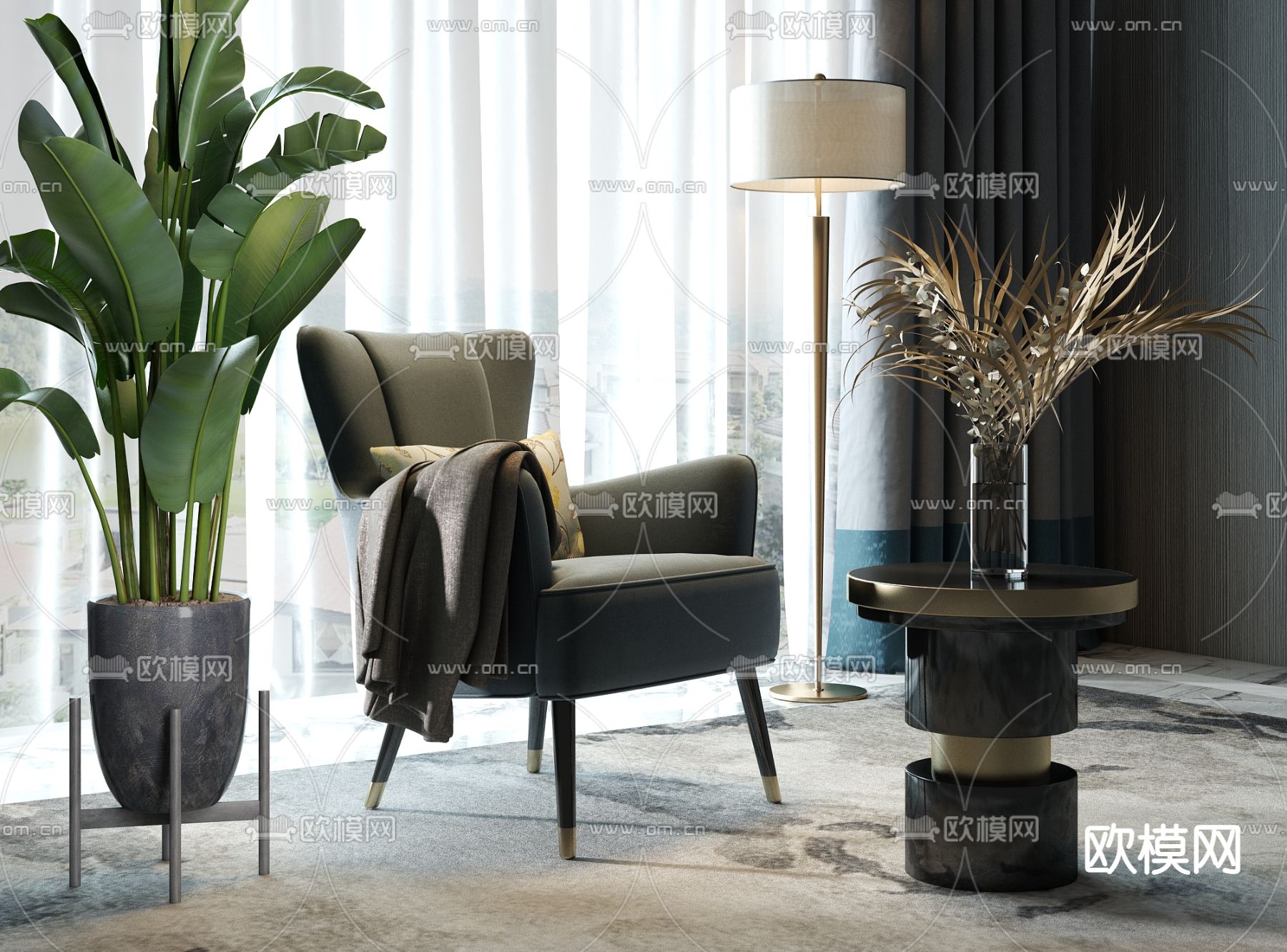 现代轻奢单人沙发su模型下载（渲染图1）