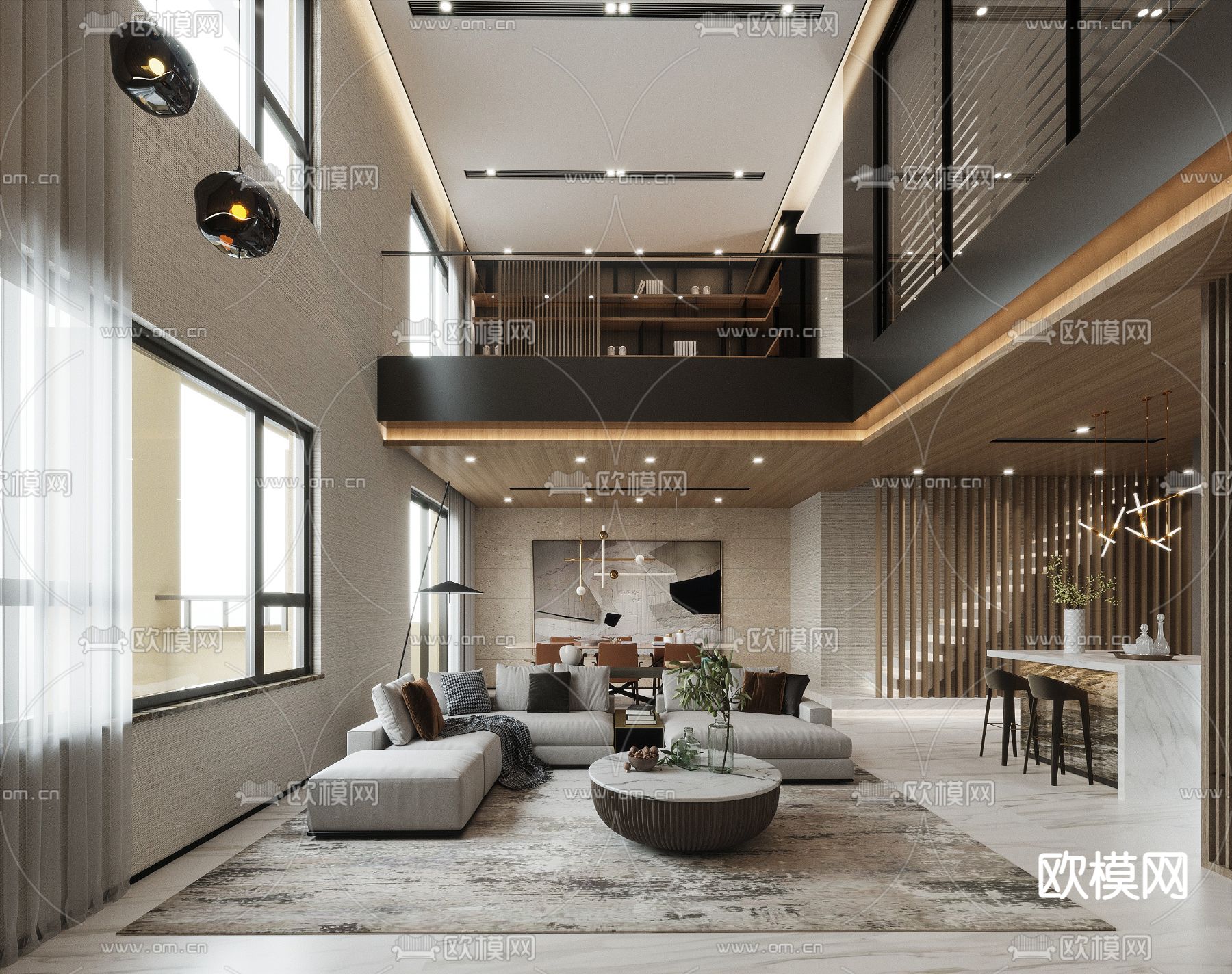 现代别墅大堂餐厅3d模型下载（渲染图1）