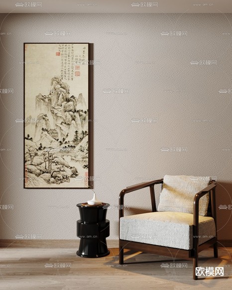 新中式布艺单人沙发3d模型下载