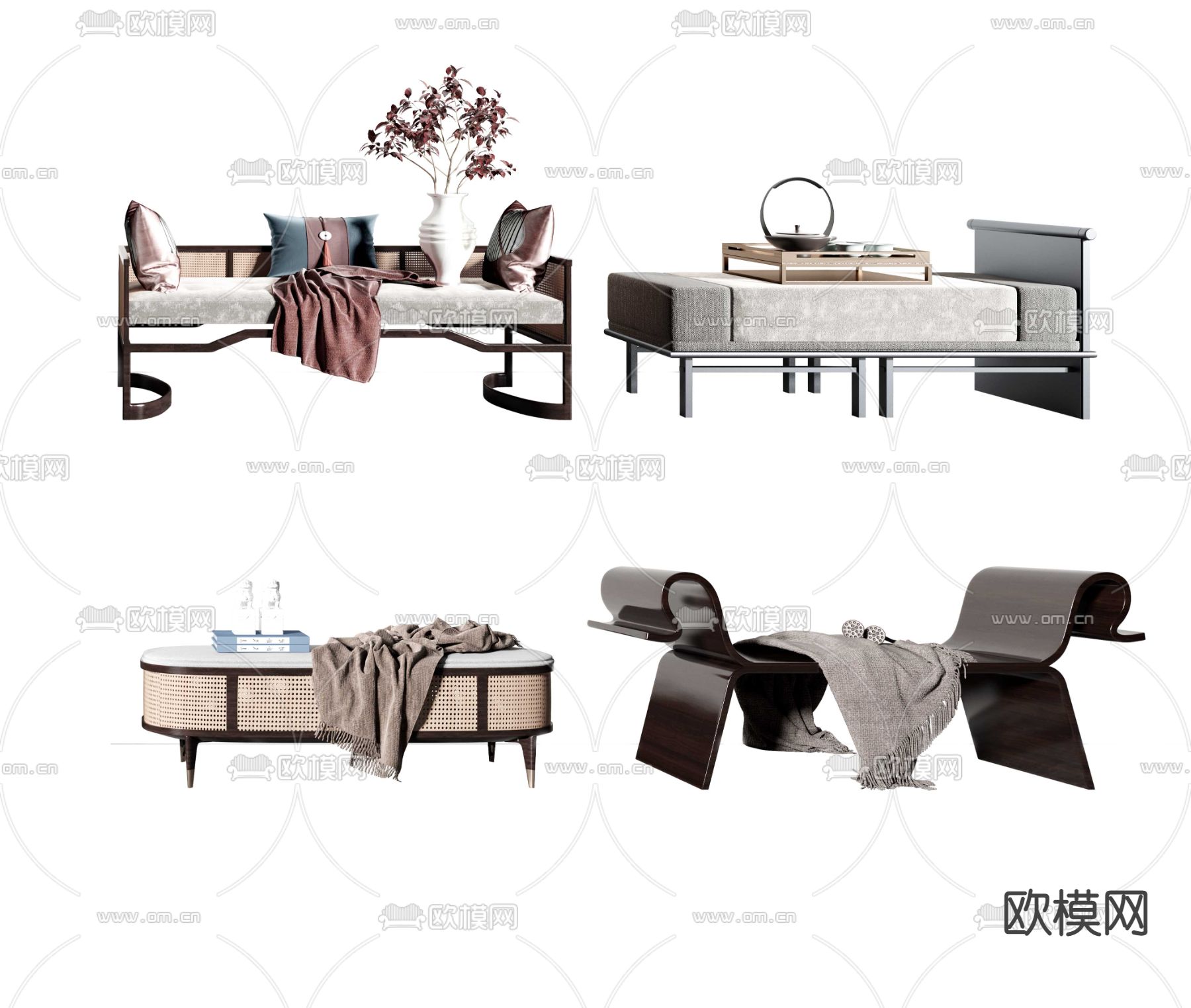 新中式床尾凳脚踏3d模型下载