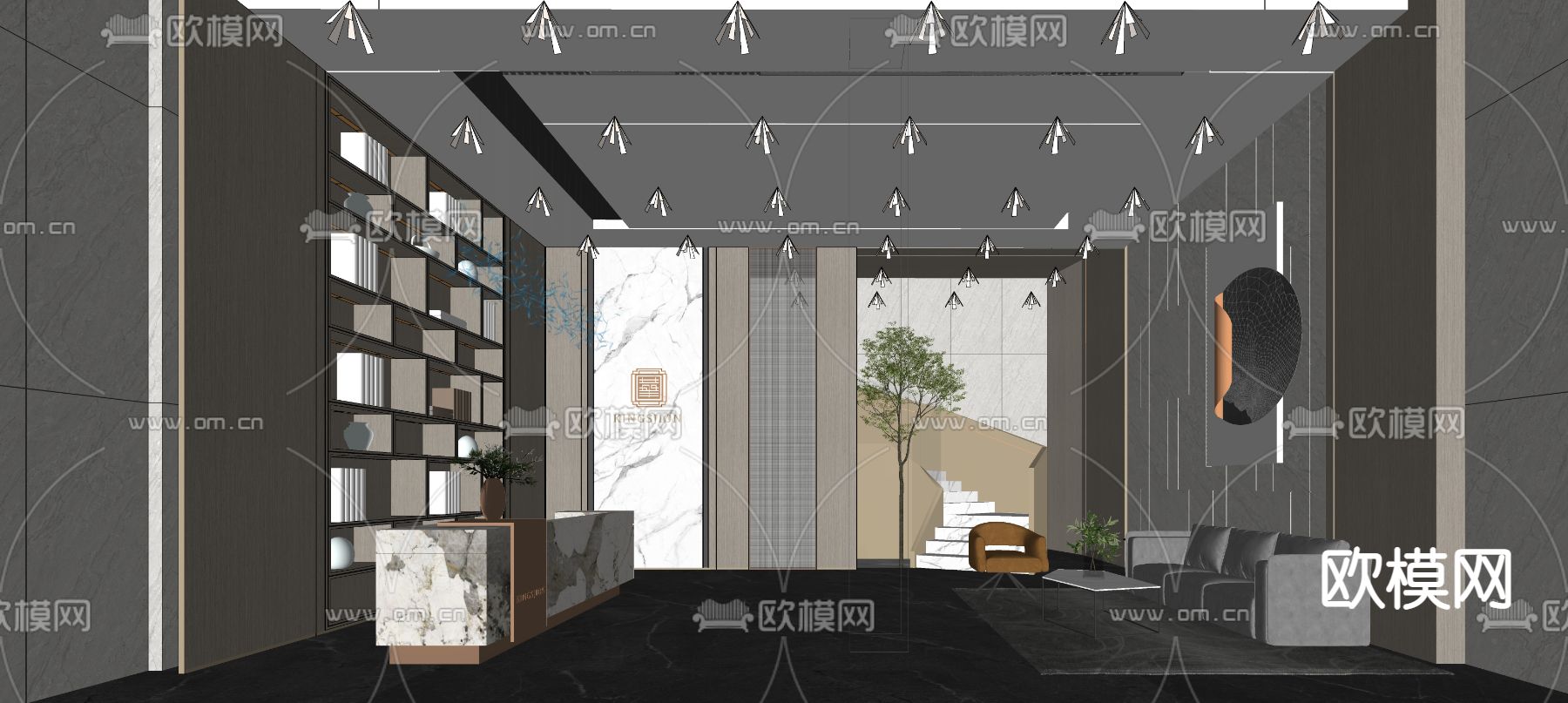 新中式酒店大堂前台su模型