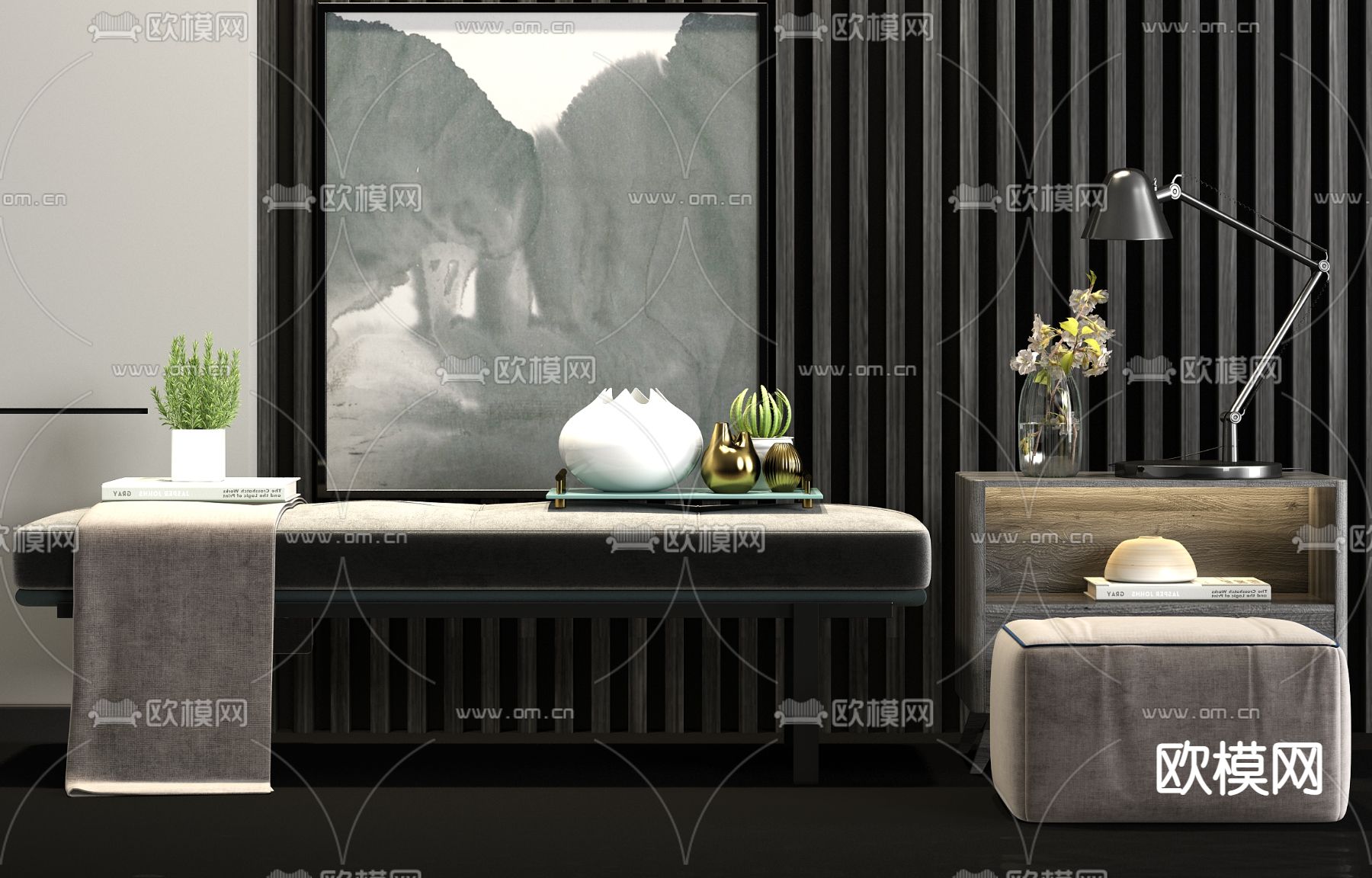 现代轻奢床尾凳su模型下载（渲染图1）