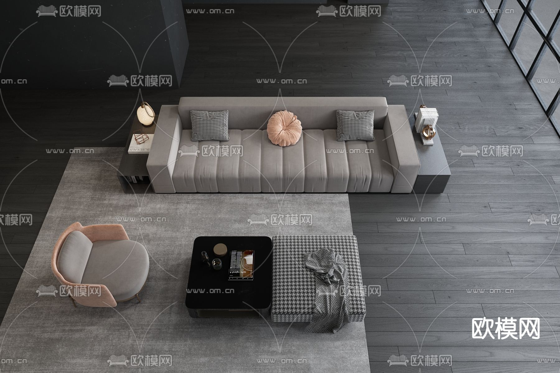 现代布艺沙发组合3d模型下载（渲染图2）