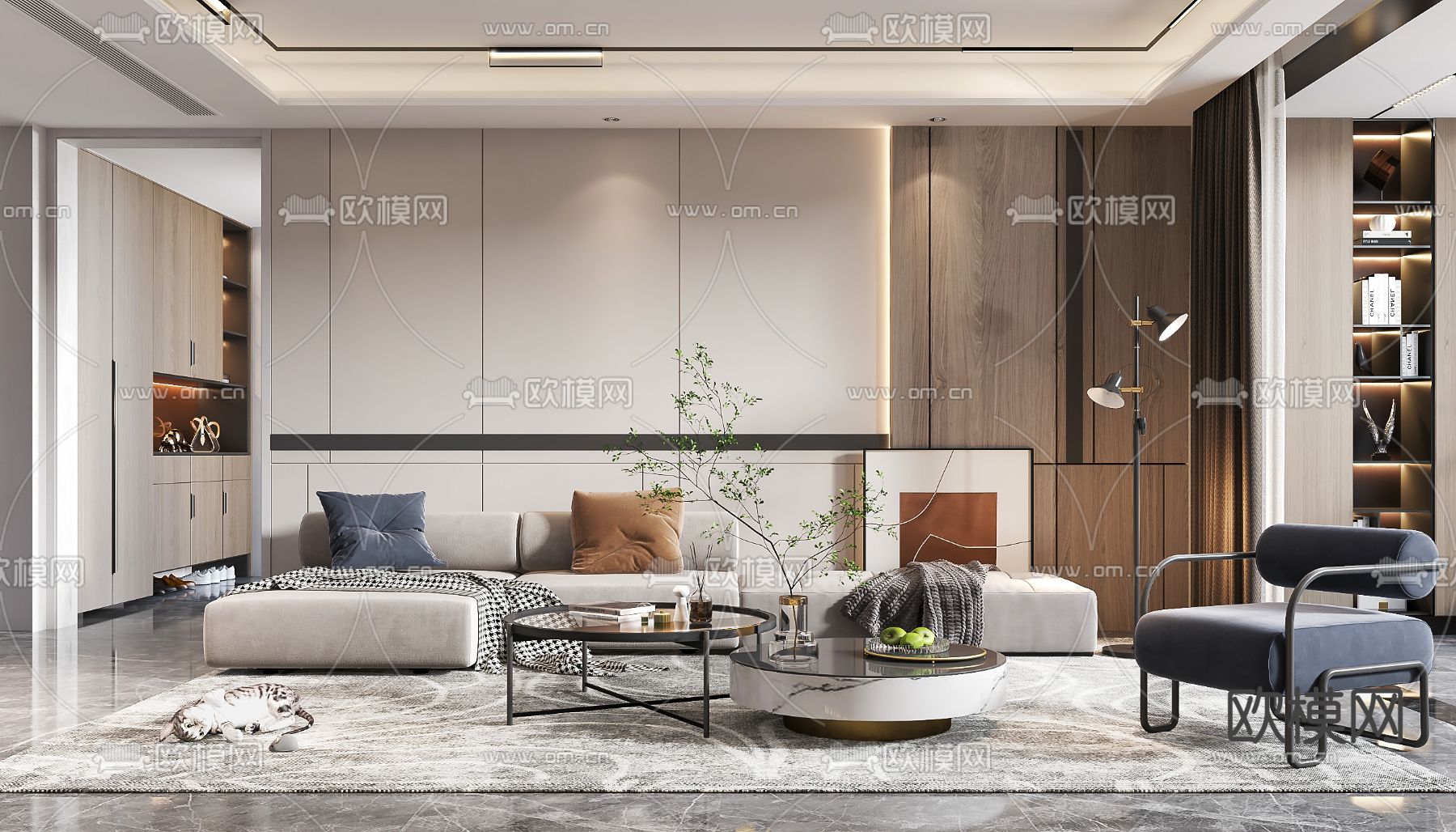 现代布艺转角沙发组合3d模型下载（渲染图1）