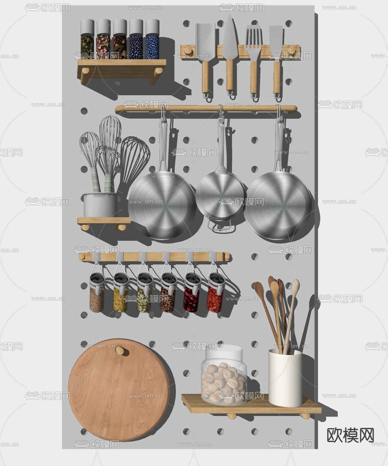 现代砧板厨具锅勺su模型下载（渲染图2）