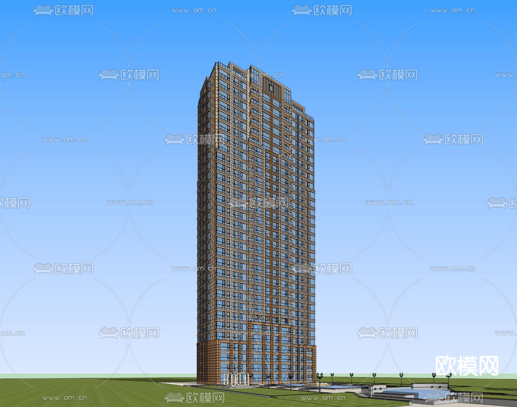 简欧小区住宅楼外观su模型下载（渲染图3）