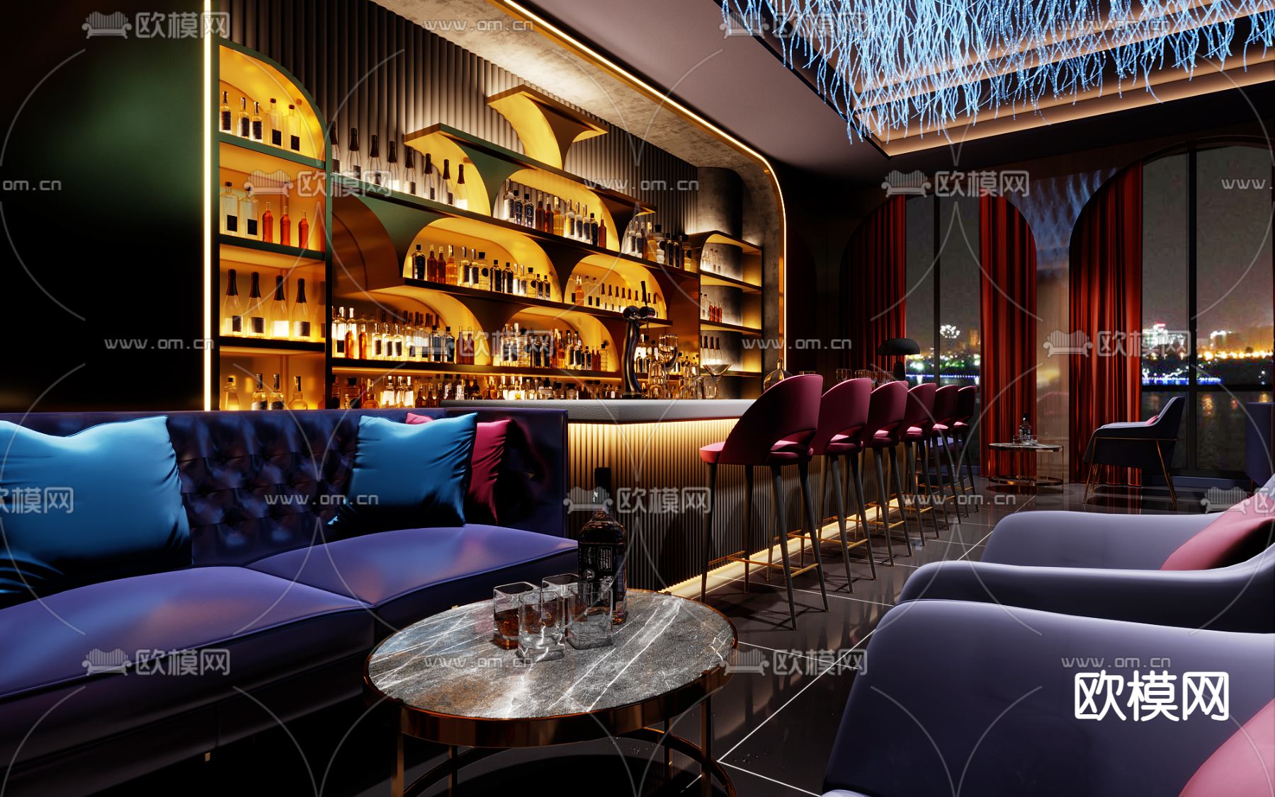 现代大堂酒吧区免费3d模型下载（渲染图1）