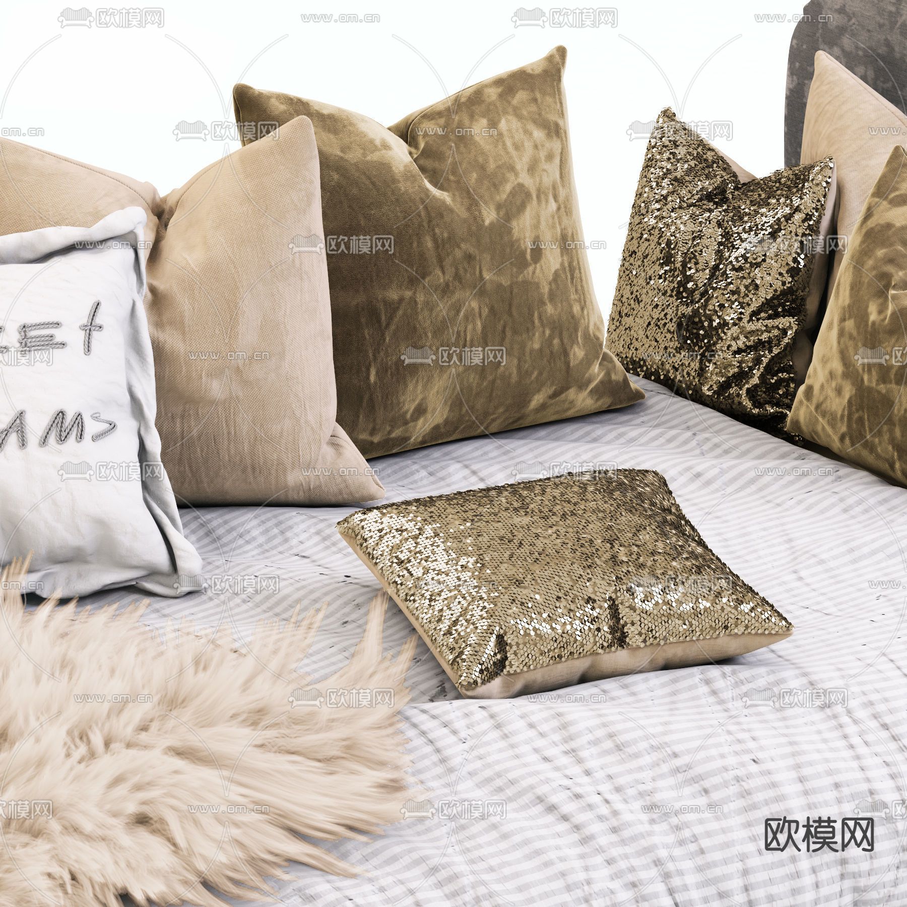 现代布艺单人床3d模型下载（渲染图3）