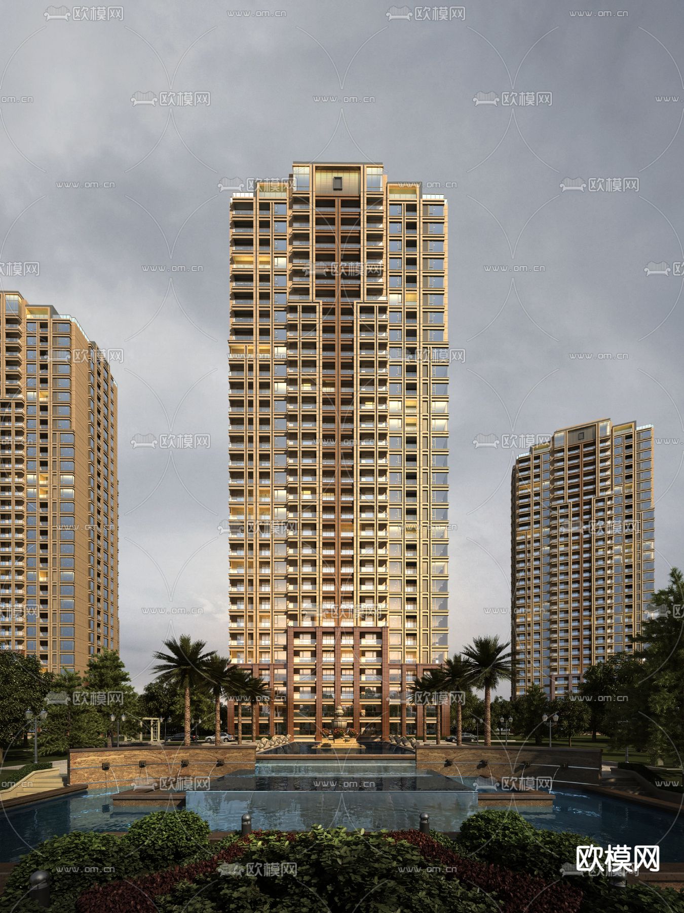 简欧小区住宅楼外观su模型下载（渲染图1）