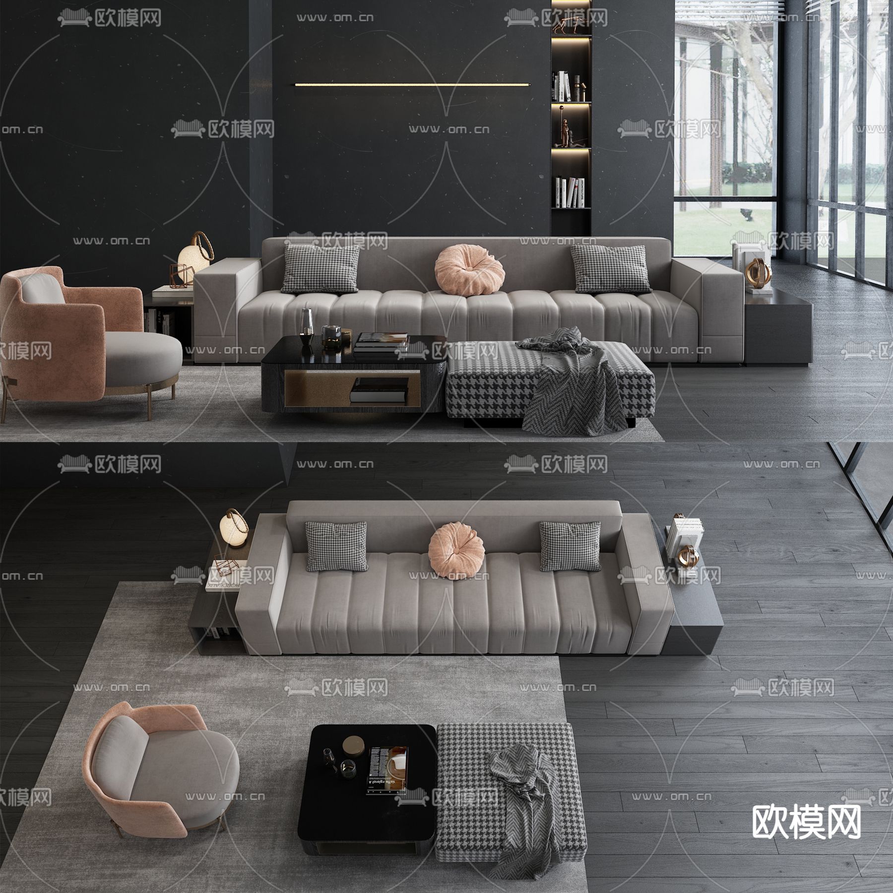 现代布艺沙发组合3d模型下载（渲染图1）