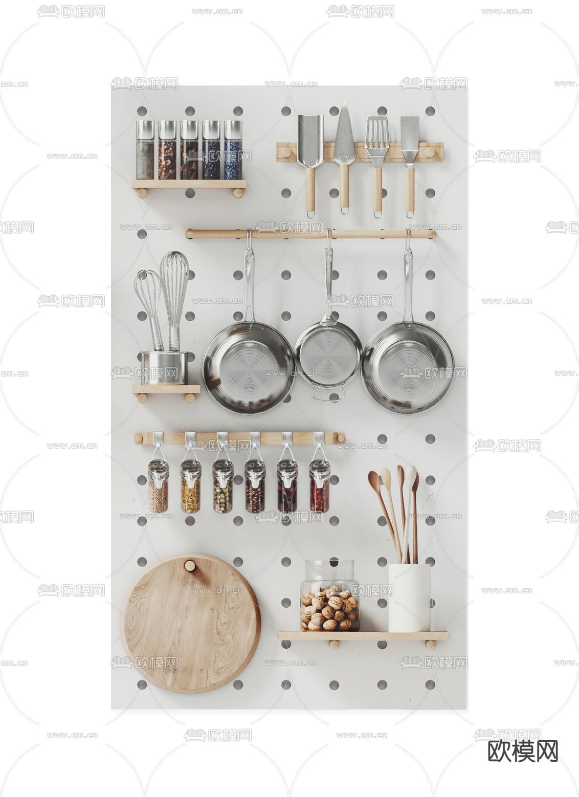 现代砧板厨具锅勺su模型下载（渲染图1）