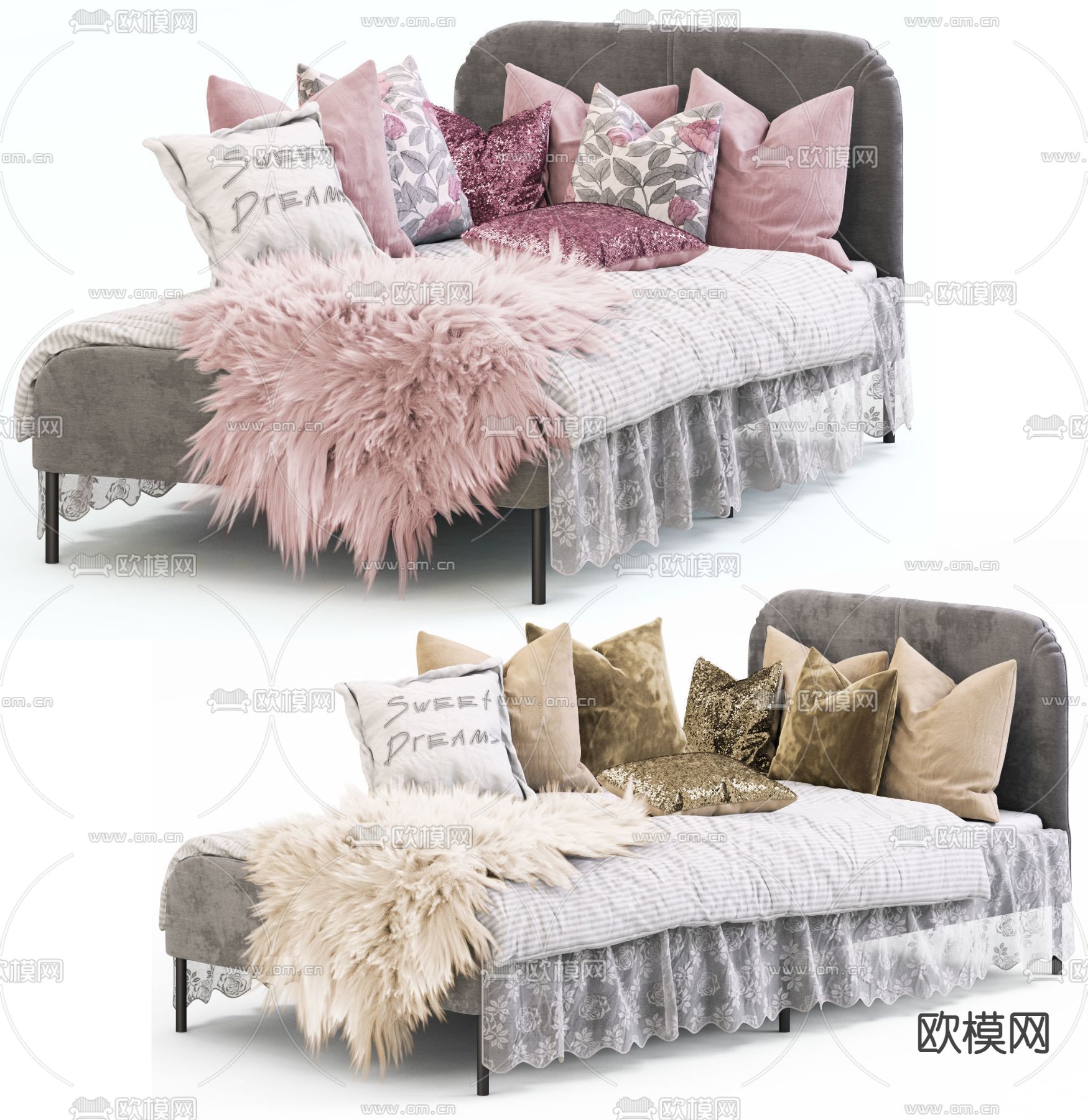 现代布艺单人床3d模型下载（渲染图2）