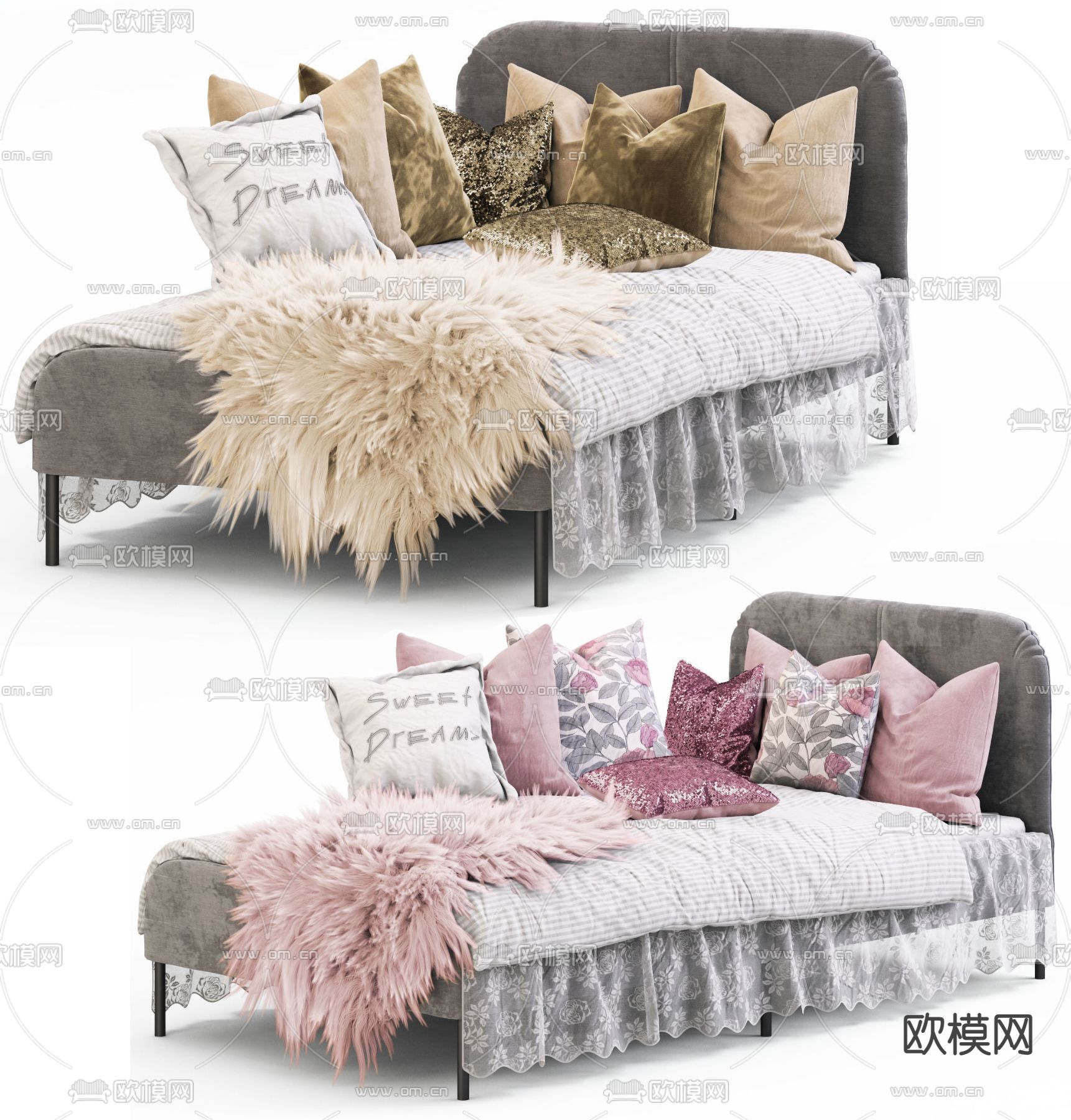 现代布艺单人床3d模型下载（渲染图1）