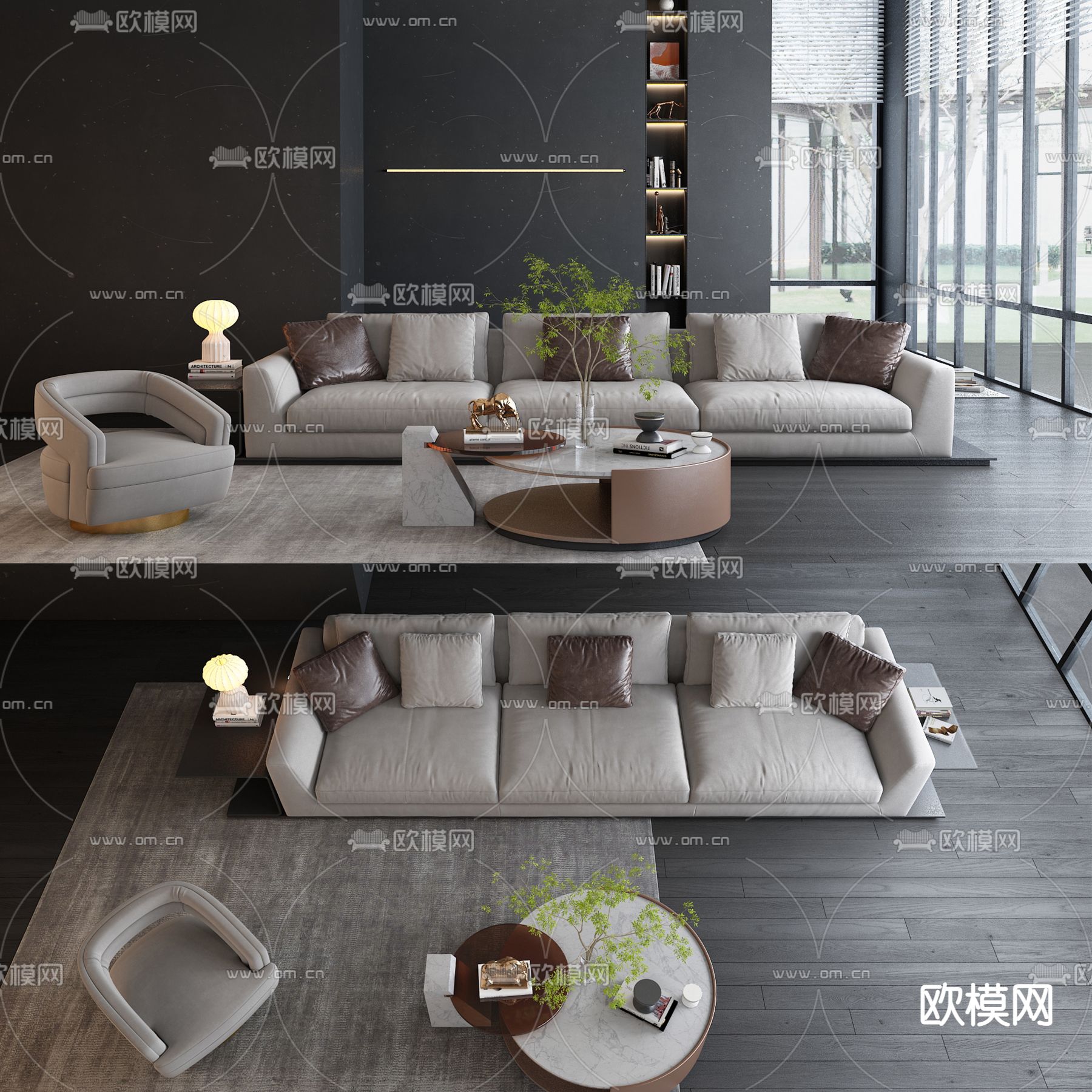 现代皮革沙发组合3d模型下载_ID11768521_3dmax免费模型-欧模网