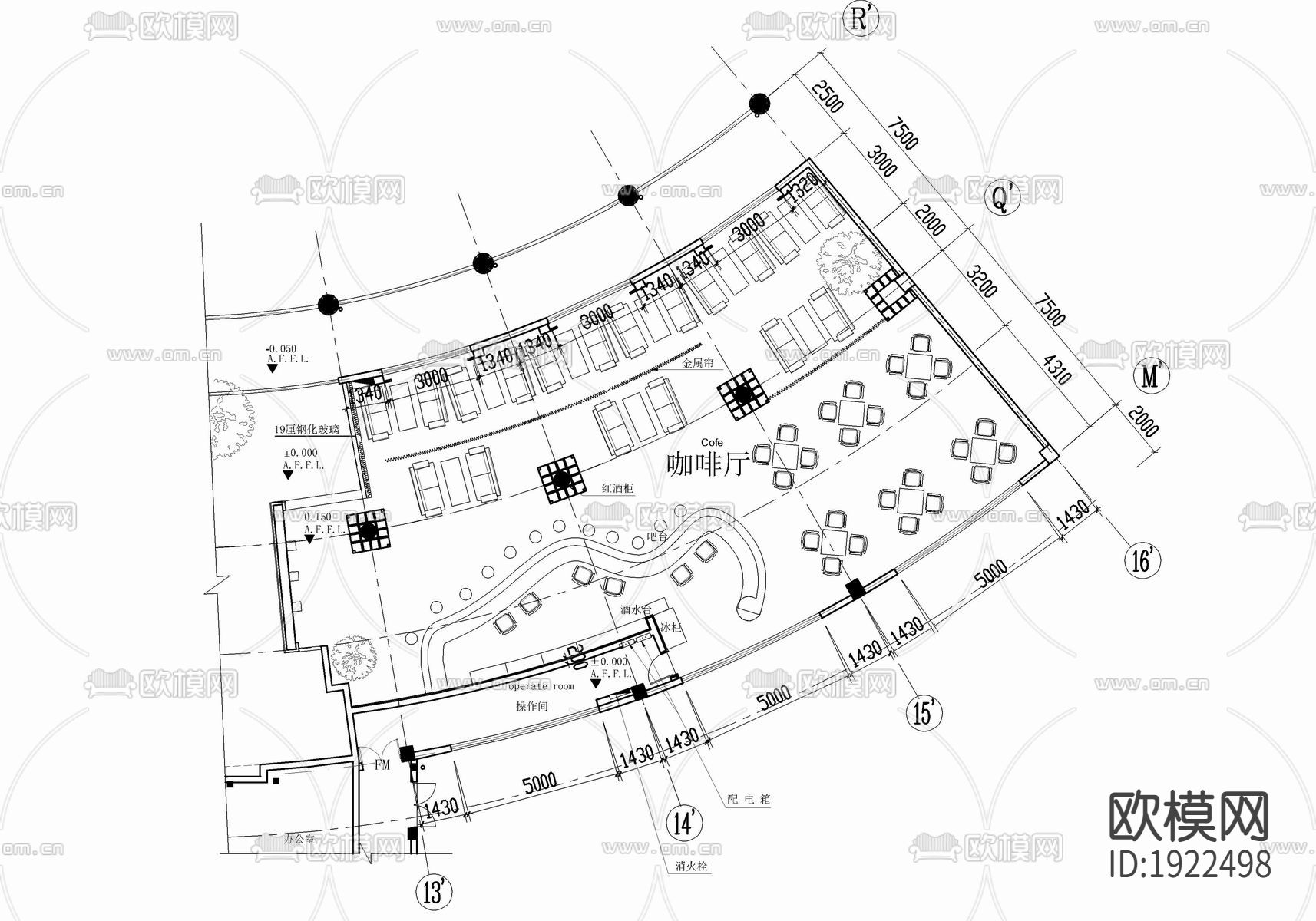 300㎡咖啡厅cad施工图下载（渲染图1）