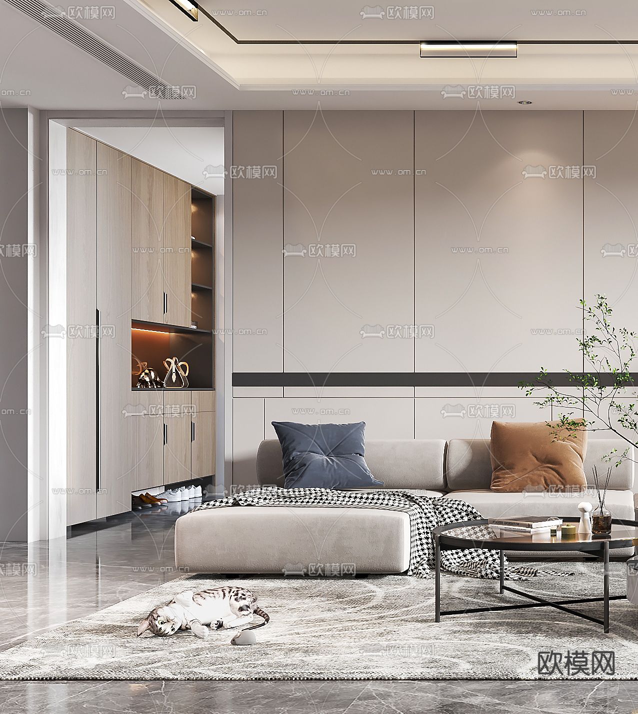 现代布艺转角沙发组合3d模型下载（渲染图2）