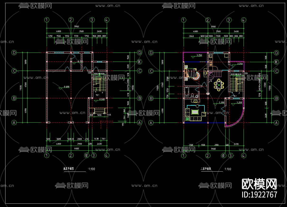 别墅cad平立面布置图下载（渲染图3）